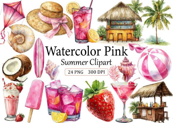 Download Watercolor Pink Summer Clipart - Pink summer Collection