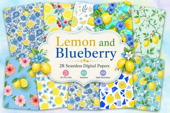 Download Lemon and Blueberry Seamless Patterns - Berry Collection