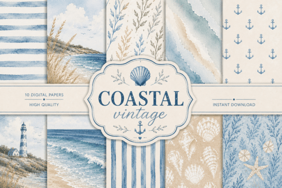 Download Coastal Vintage Digital Papers Bundle - Bundle Collection