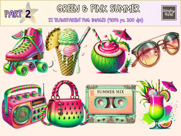 Download Green &amp; Pink Summer P2 Clipart - Premium Bundle