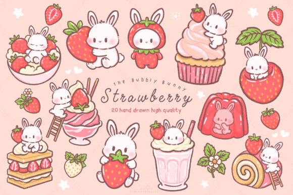 Download Kawaii Bunny Strawberry Dessert Clipart - Berry Collection